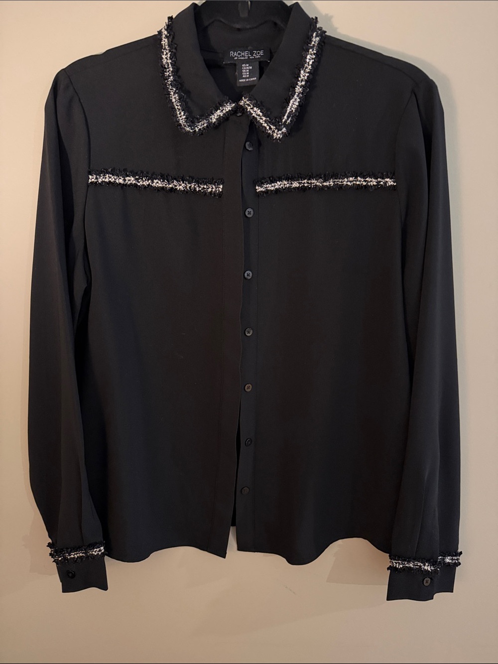Rachel Zoe Black Button-Front Blouse with Tweed Trim Size M